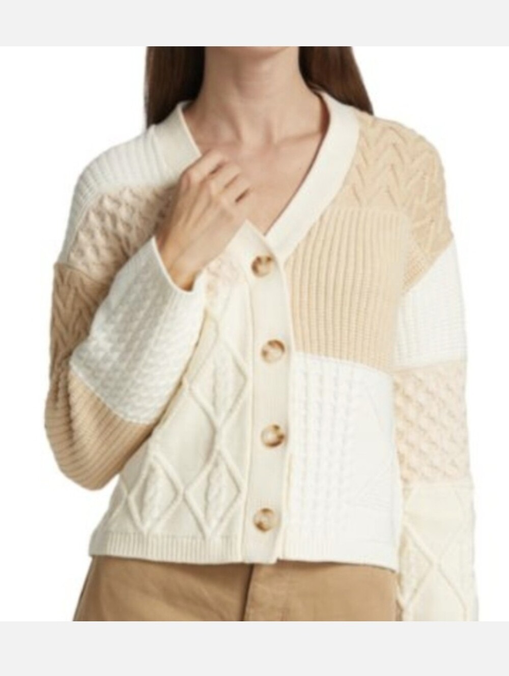 Rails Reese V Neck Cream Patchwork Cable Cotton Blend Cardigan Sweater